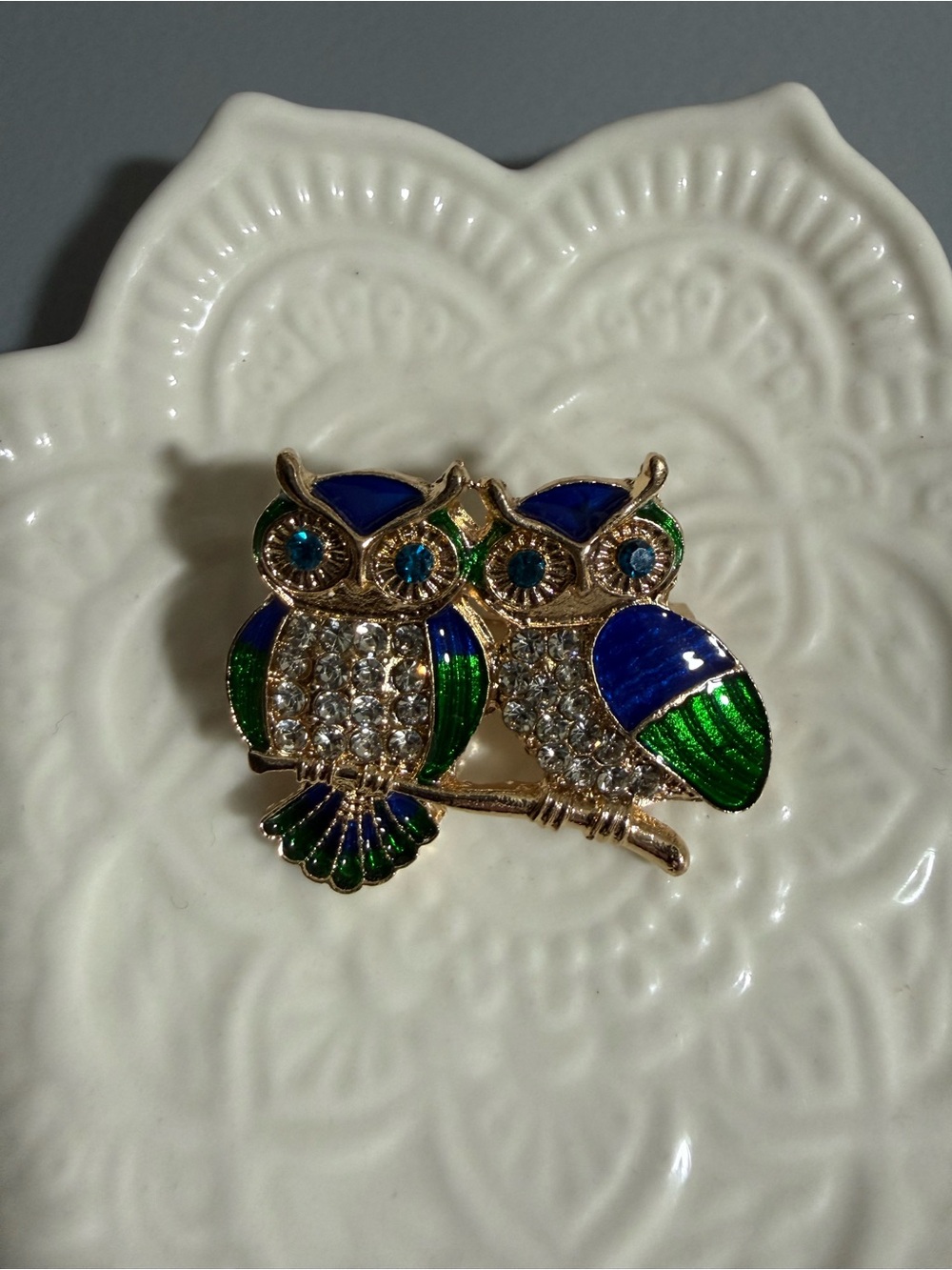 gold-tone owl couple brooch vibrant green blue enamel paired crystal rhinestones - Picture 6 of 6